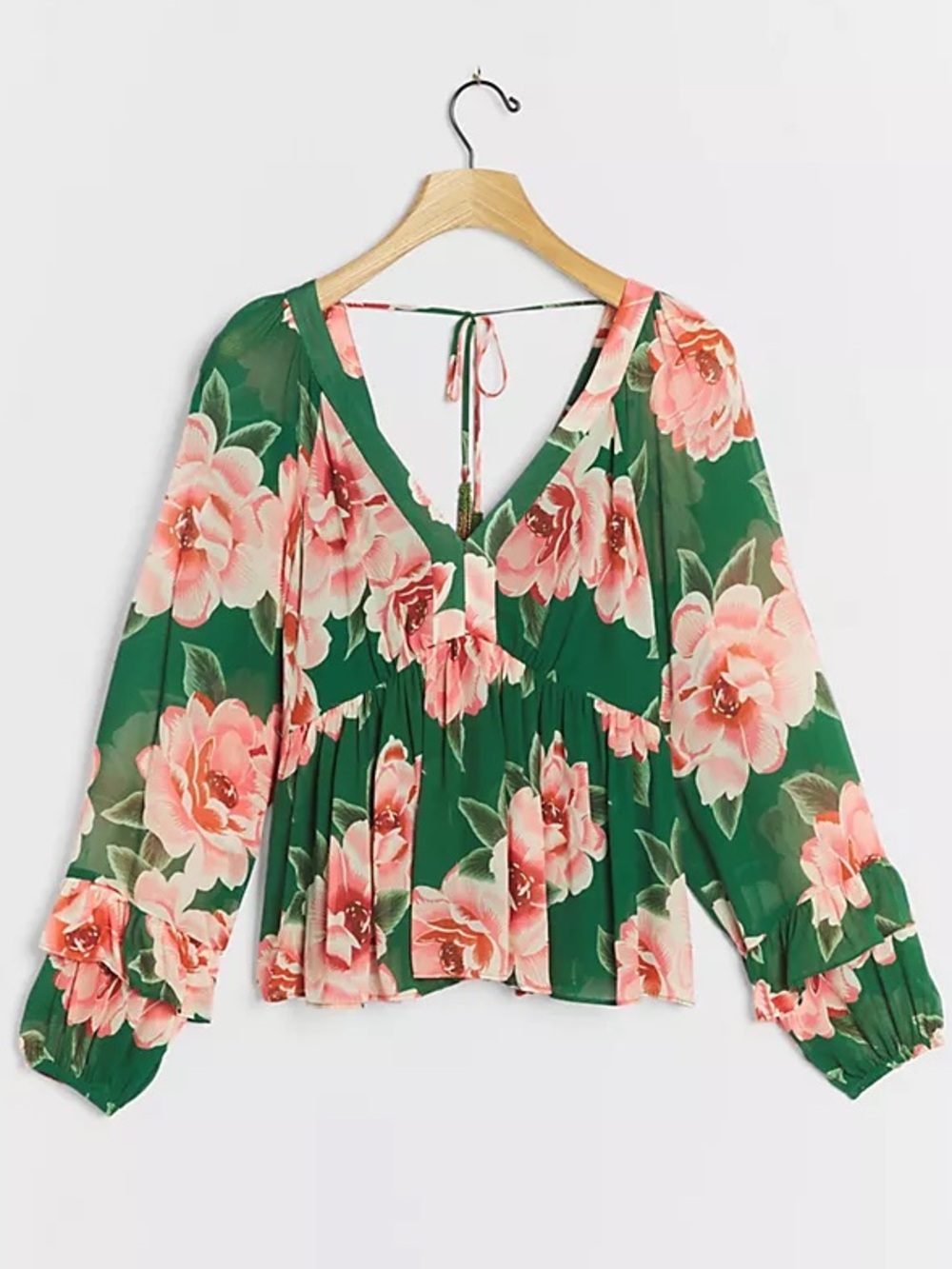 FARM Rio Anthropologie Rayna Green Floral V-Neck Peasant Blouse Pink Roses